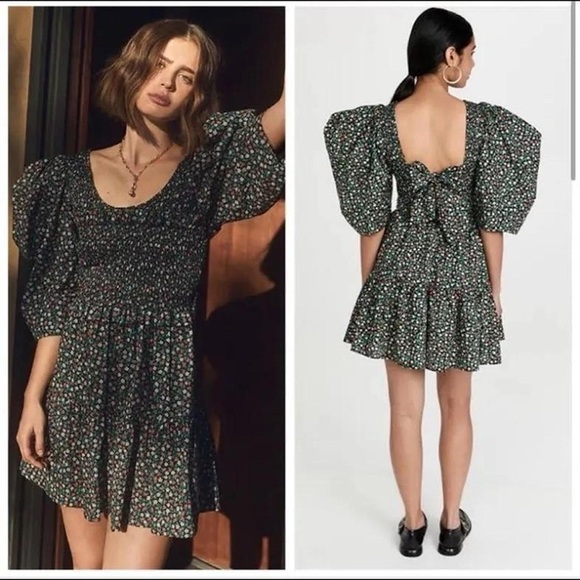 Sea New York Liberty Black Strawberry Print Tie Back Puff Sleeve Mini Dress L - Picture 1 of 9